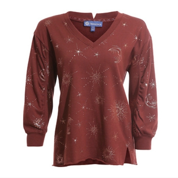 Medium Democracy Gold Foil Celestial Print V-Neck Sweatshirt Side Slits - Picture 4 of 5